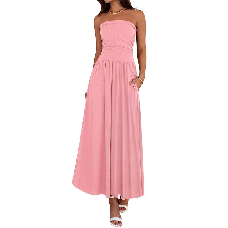 BTFBM Women Strapless Tube Top Dress Summer 2025 Sleeveless Ruched Flowy Cocktail Wedding Guest Maxi Dresses with Pocket