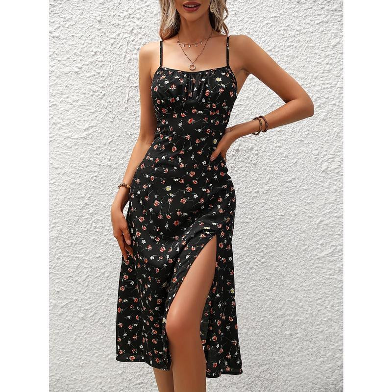 Edgy Floral Print Split Dress, Elegant Spaghetti Strap Midi Dress, Women'S Clothing Casual Fabric