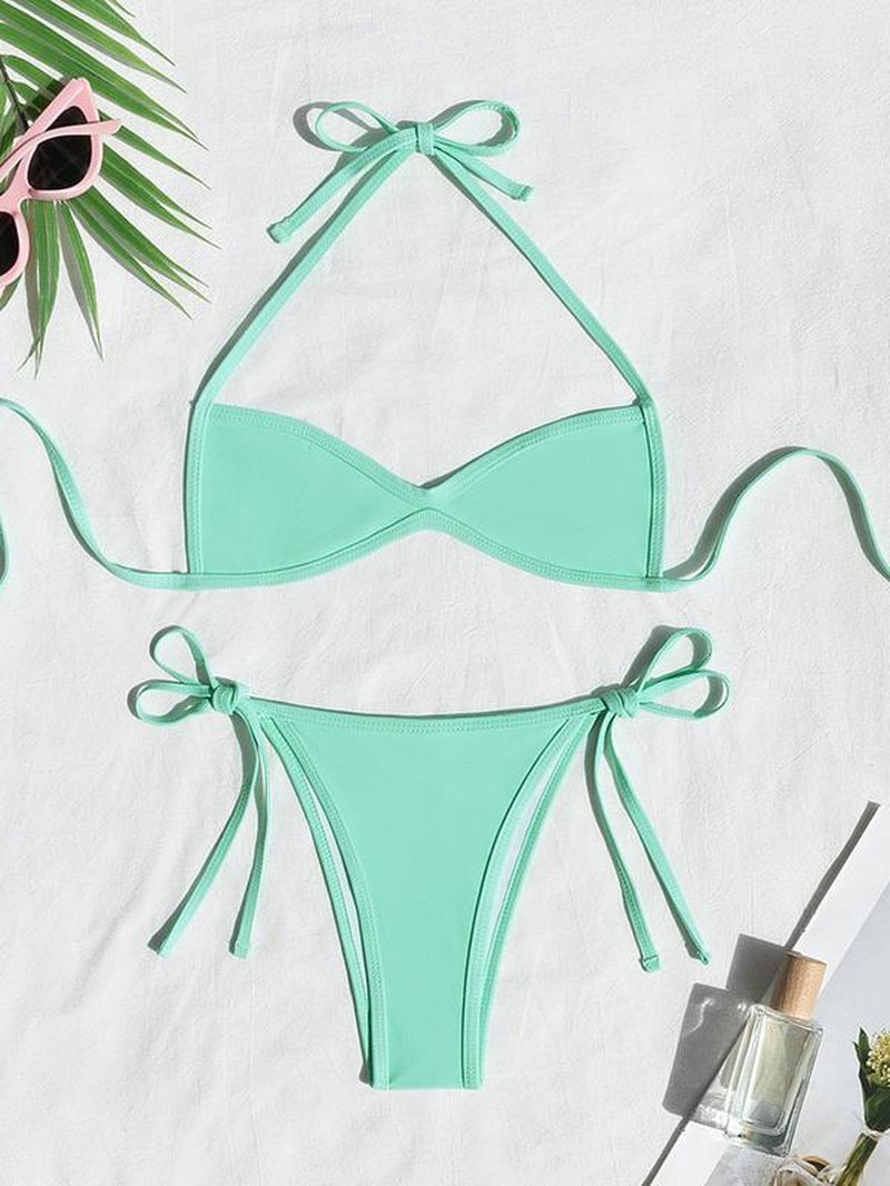 Two-Piece Set Women'S Plain / Colorblock Bikinis for Summer, Halter Tie Back Bikini Top & Tie Side High Cut Bikini Bottom, Ladies Summer Swimwear for Beach Holiday Vacation