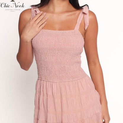 Women Long Dress Solid Color Ruched Tie-Up Straps Cami Dress Summer Fashion Sleeveless Casual Dress