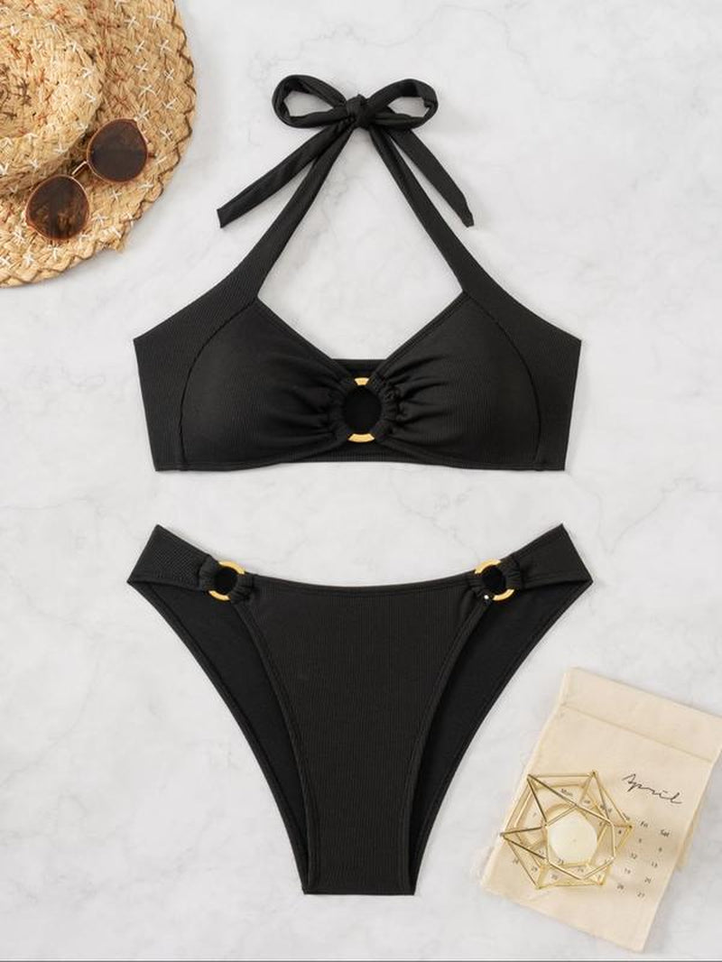 Women'S Solid O-Ring Knot Halter Bikinis Set, Casual Wireless Swim Top & High Cut Swim Bottom, Ladies Summer Swimwear for Beach Holiday Vacation, Bikini Swimsuits