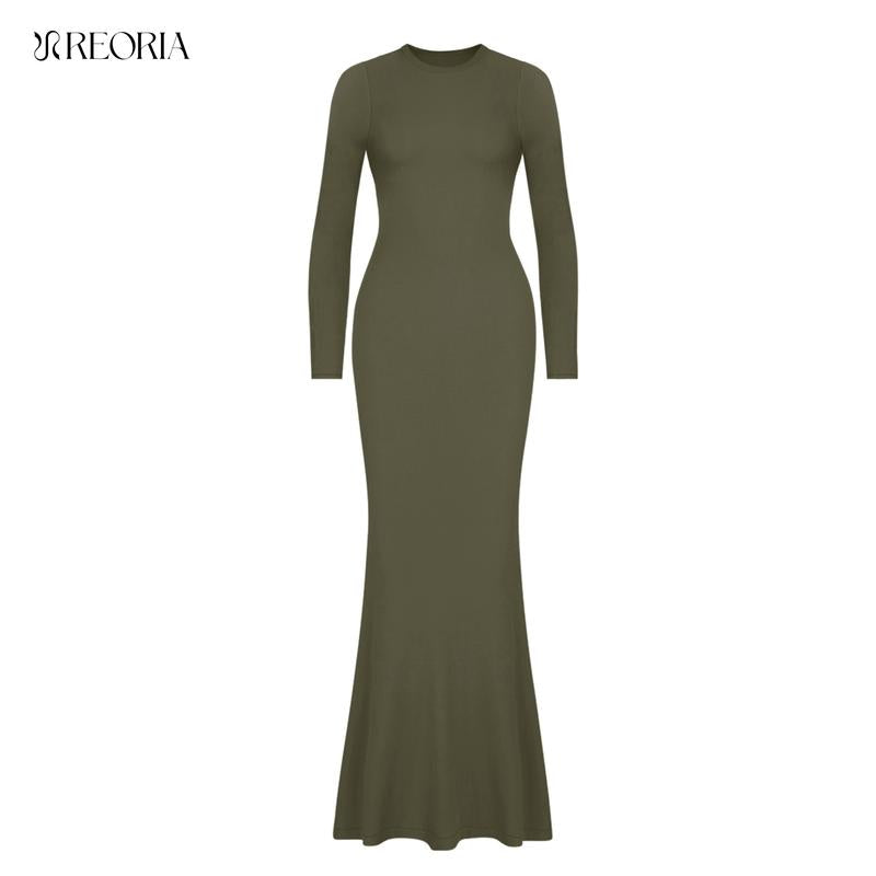 REORIA Women'S Sexy Crew Neck Lounge Long Dress with Fishtail Hem - Machine Washable, Summer Elegant Long Sleeve Ribbed Bodycon Maxi Dresses Spring Layer Casual Womenswear, Elegant & Versatile for Any Occasion