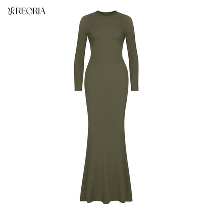 REORIA Women'S Sexy Crew Neck Lounge Long Dress with Fishtail Hem - Machine Washable, Summer Elegant Long Sleeve Ribbed Bodycon Maxi Dresses Spring Layer Casual Womenswear, Elegant & Versatile for Any Occasion