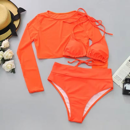 Sexy Neon Orange Bikini 2023 Women Long Sleeve Mesh Cover up 3 Piece Swimsuit High Cut Push up Bathing Suit High Waist Swimwear
