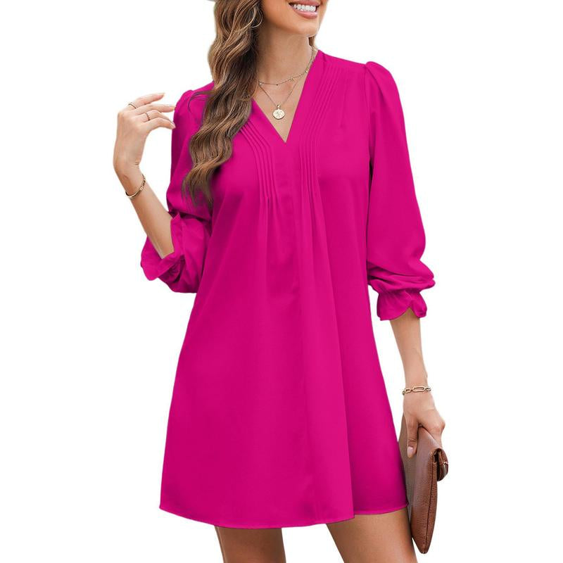 Dokotoo Womens Casual Dress A-Line Ruffle Sleeve V Neck Midi Dress 2025 Fashion Pleated Flowy Sundress Loose Shirt Dresses