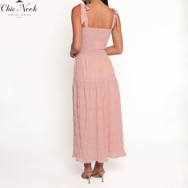 Women Long Dress Solid Color Ruched Tie-Up Straps Cami Dress Summer Fashion Sleeveless Casual Dress