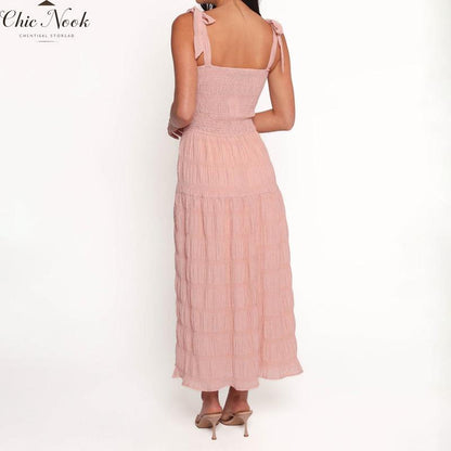 Women Long Dress Solid Color Ruched Tie-Up Straps Cami Dress Summer Fashion Sleeveless Casual Dress