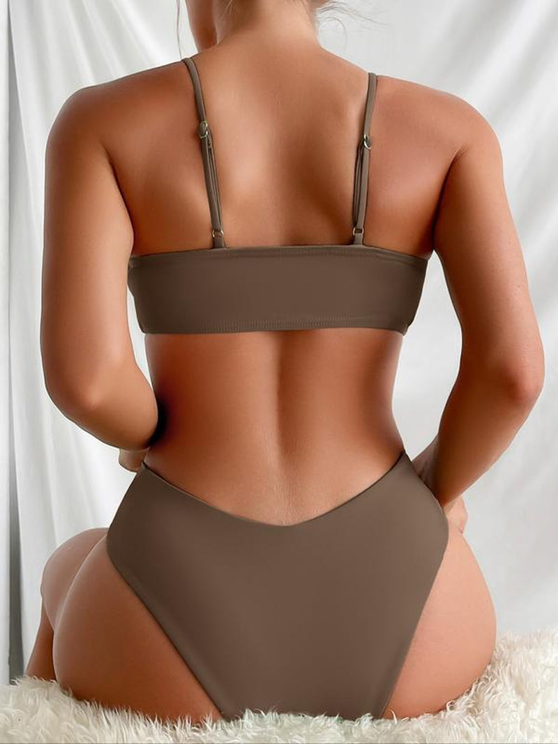 Women'S Solid Drawstring Ruched Wrap Bikinis Set, Adjustable Strap Swim Top & High Cut Swim Bottom, Ladies Swimsuit for Summer Beach Holiday Vacation