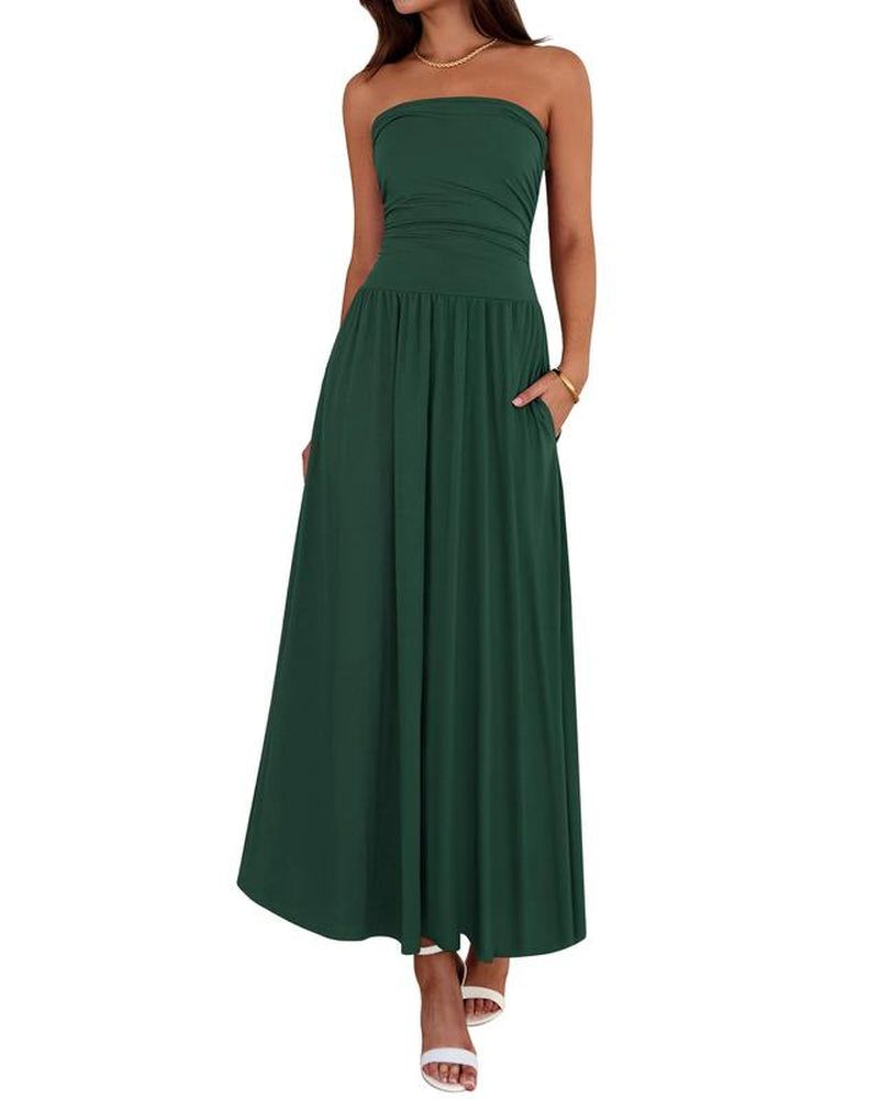 BTFBM Women Strapless Tube Top Dress Summer 2025 Sleeveless Ruched Flowy Cocktail Wedding Guest Maxi Dresses with Pocket