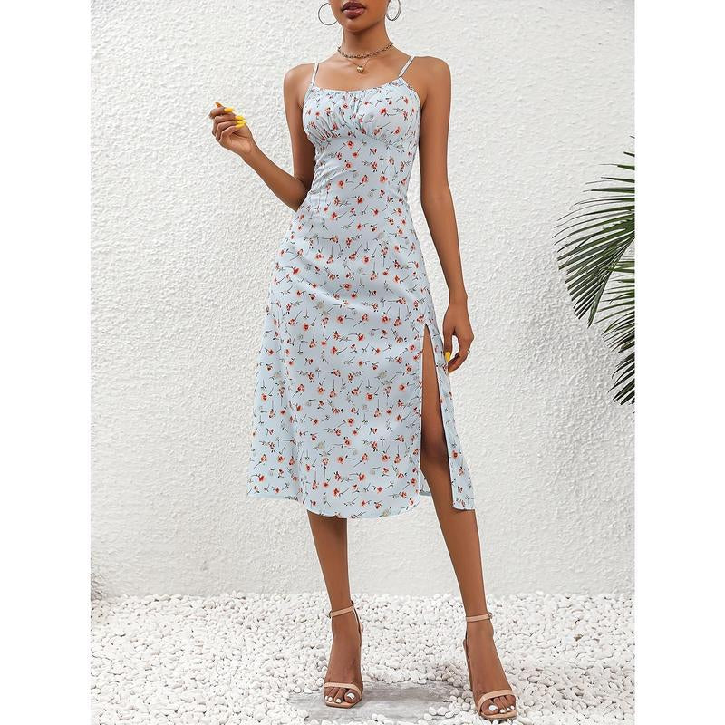 Edgy Floral Print Split Dress, Elegant Spaghetti Strap Midi Dress, Women'S Clothing Casual Fabric
