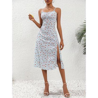 Edgy Floral Print Split Dress, Elegant Spaghetti Strap Midi Dress, Women'S Clothing Casual Fabric
