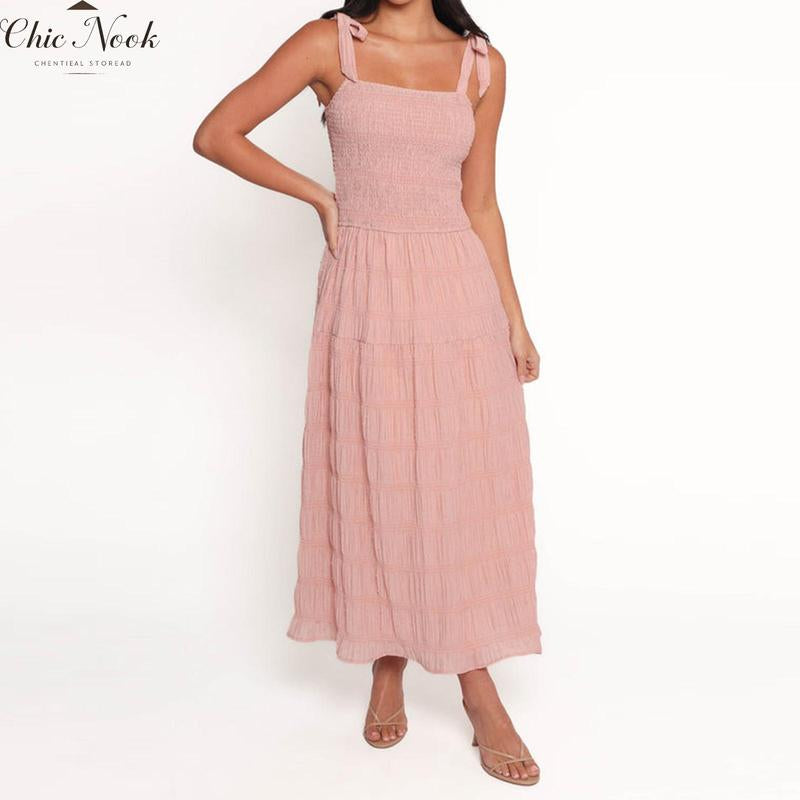 Women Long Dress Solid Color Ruched Tie-Up Straps Cami Dress Summer Fashion Sleeveless Casual Dress