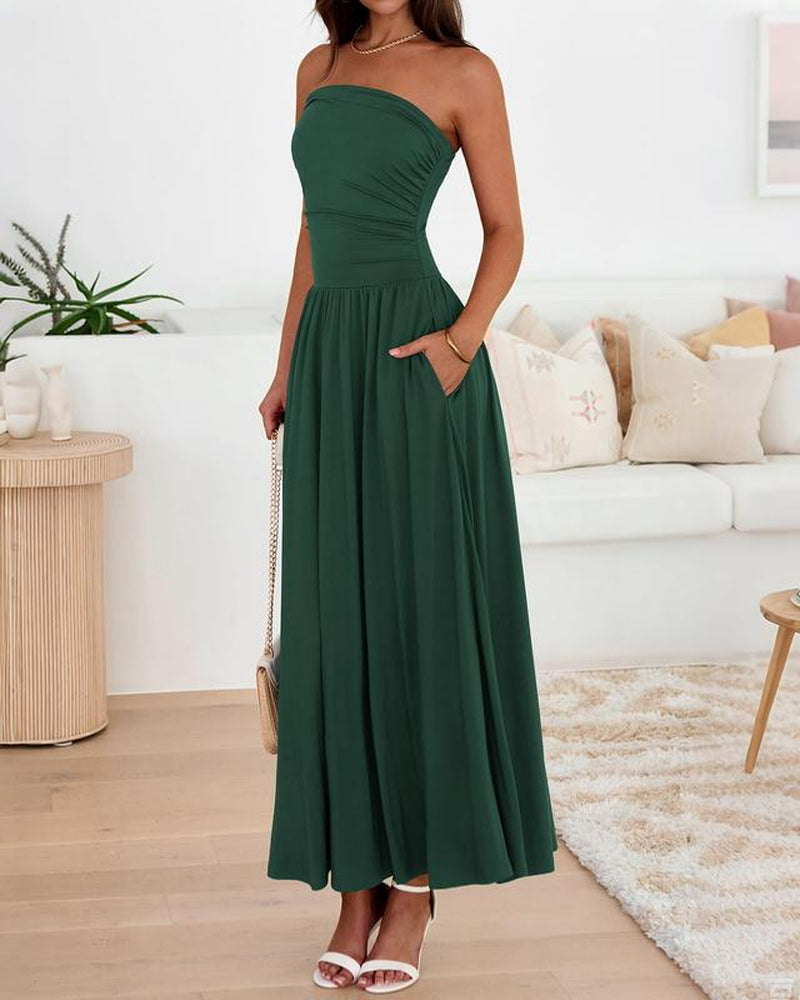 BTFBM Women Strapless Tube Top Dress Summer 2025 Sleeveless Ruched Flowy Cocktail Wedding Guest Maxi Dresses with Pocket