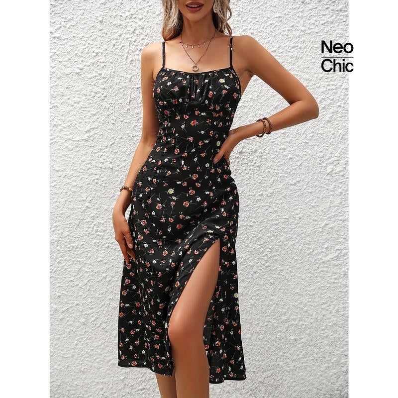 Edgy Floral Print Split Dress, Elegant Spaghetti Strap Midi Dress, Women'S Clothing Casual Fabric