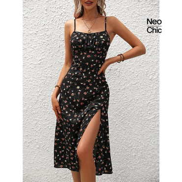 Edgy Floral Print Split Dress, Elegant Spaghetti Strap Midi Dress, Women'S Clothing Casual Fabric