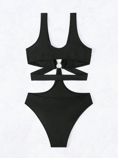 Swim Vcay Summer Beach One Piece Swimsuit with Hollow Out Design and Circle Decorations