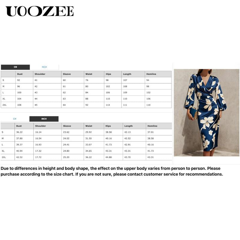 UOOZEE High-End Satin Print Dress for Women'S Fashion, Deep V-Neck, Cinched Waist, Slimming Lantern Sleeves, Temperament, Commuting Mid Length, Hip Hugging Skirt