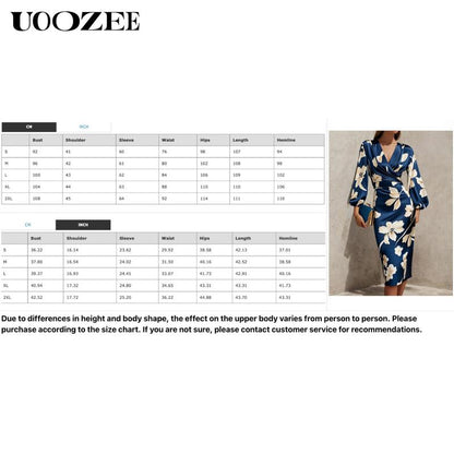 UOOZEE High-End Satin Print Dress for Women'S Fashion, Deep V-Neck, Cinched Waist, Slimming Lantern Sleeves, Temperament, Commuting Mid Length, Hip Hugging Skirt