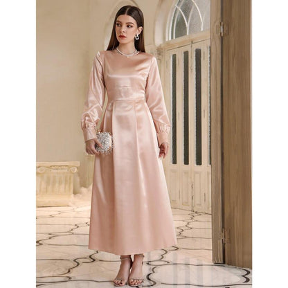 Muslim Autumn Women'S High Waist Dress with Headscarf