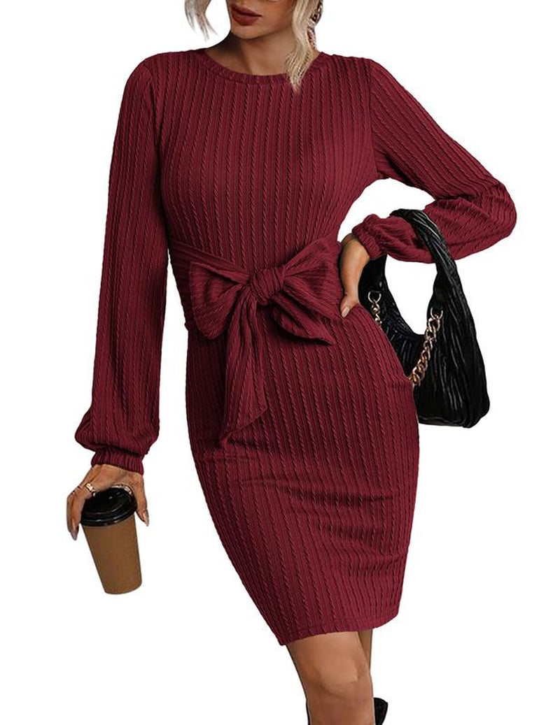 Women'S Elegant Knit Dress Long Lantern Sleeve Fall Bodycon Crewneck Tie Waist Rib Knitted Sweater Dresses Basic Chic Minimalist Sizes Run Small Petite