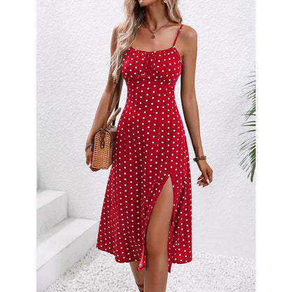 Edgy Floral Print Split Dress, Elegant Spaghetti Strap Midi Dress, Women'S Clothing Casual Fabric