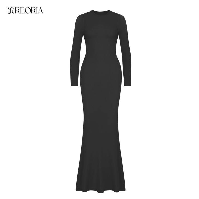 REORIA Women'S Sexy Crew Neck Lounge Long Dress with Fishtail Hem - Machine Washable, Summer Elegant Long Sleeve Ribbed Bodycon Maxi Dresses Spring Layer Casual Womenswear, Elegant & Versatile for Any Occasion