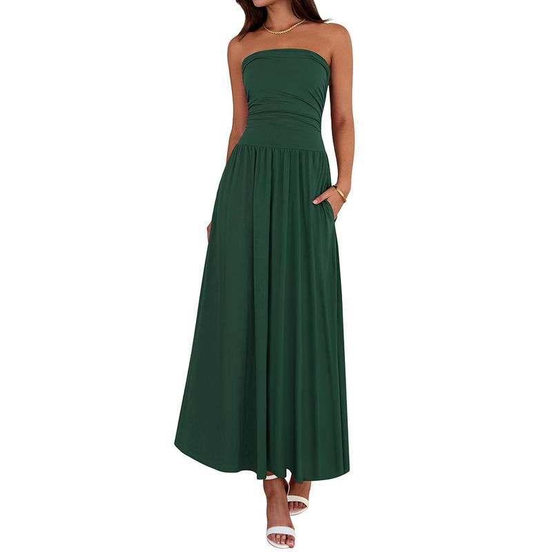 BTFBM Women Strapless Tube Top Dress Summer 2025 Sleeveless Ruched Flowy Cocktail Wedding Guest Maxi Dresses with Pocket