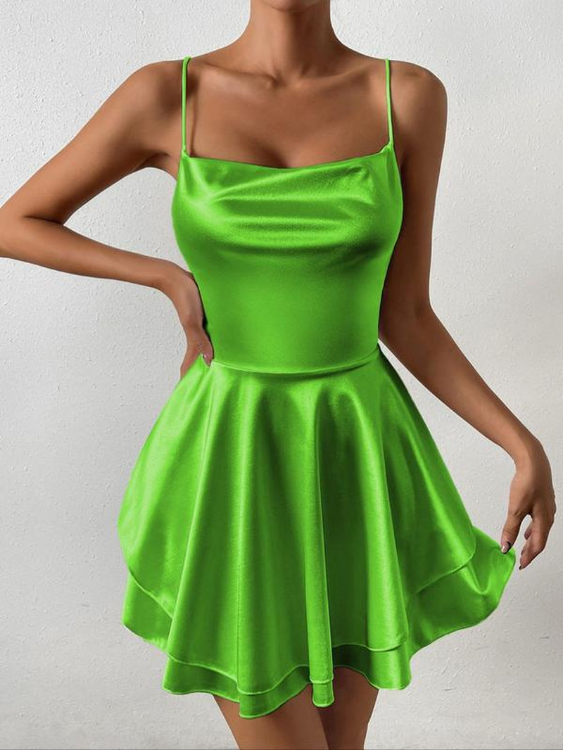 Women'S Plain Lace up Backless Tiered Layer Satin Cami Dress, Summer Clothes Women, Elegant Cowl Neck Sleeveless a Line Short Dress for Party Holiday Wedding Guest, Dresses for Women