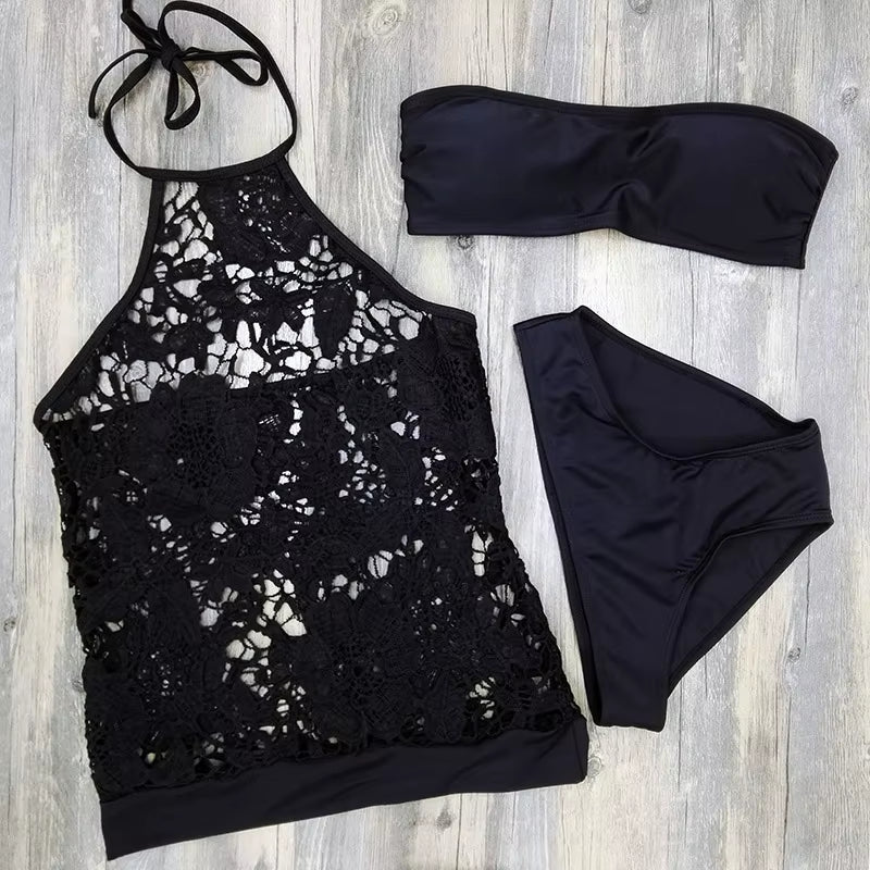 New Sexy Mesh Swimwear Women Lace Tankini Set Three Pieces Bikini Swimsuit See through Swimwear Close up Biquini Bathing Suits