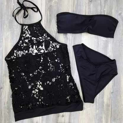 New Sexy Mesh Swimwear Women Lace Tankini Set Three Pieces Bikini Swimsuit See through Swimwear Close up Biquini Bathing Suits