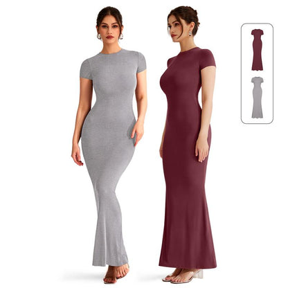 REORIA Women'S Sexy Round-Neck Long Dress Beach Vibes Dresses Women'S Casual Lounge Long Dress Elegant Shortsleeve Basic Crewneck Maxi Dresses Lady Womenswear Machine Washable Light Grey+Burgundy Minimalist Fit