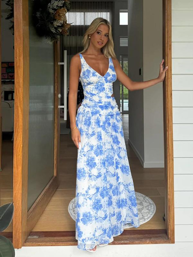 Women Sexy Sleeveless Hollow Out Printed Cami Long Dresses for Party