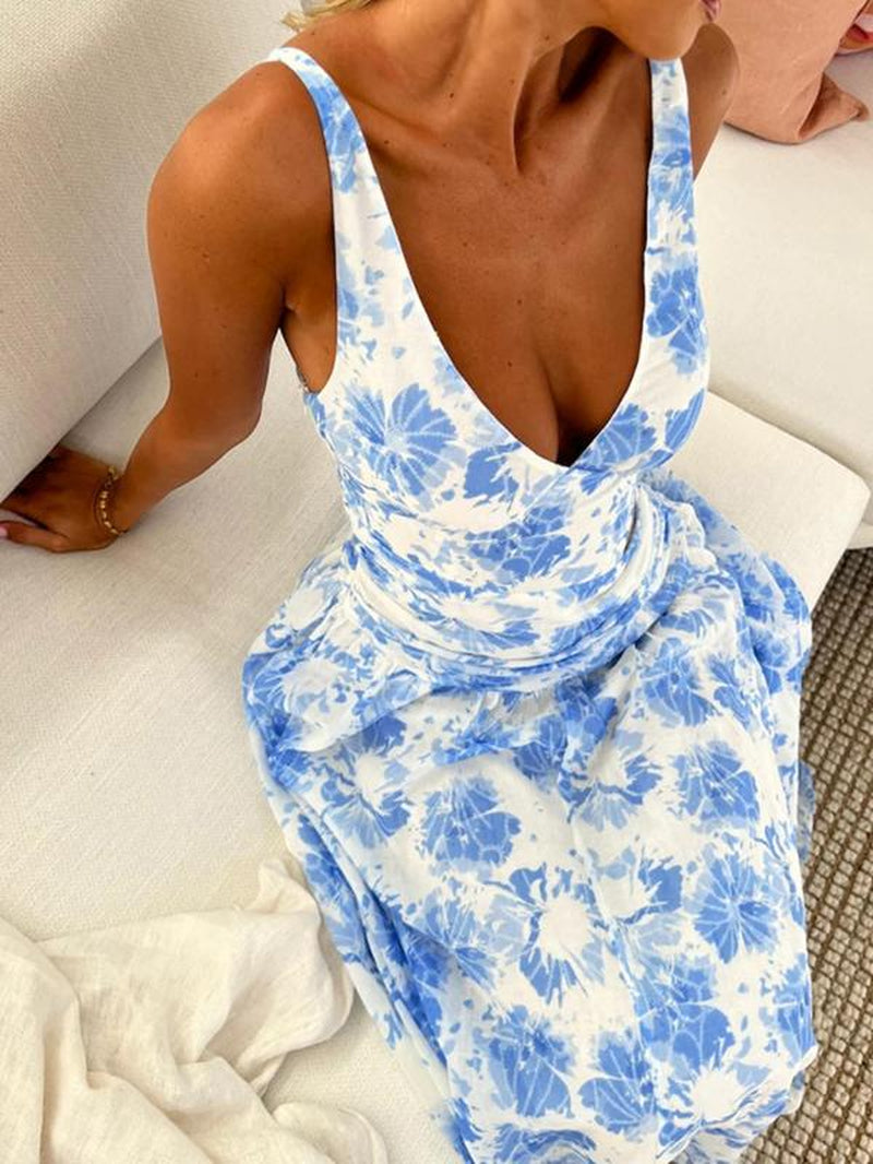 Women Sexy Sleeveless Hollow Out Printed Cami Long Dresses for Party