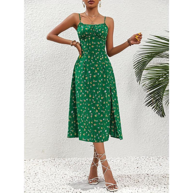 Edgy Floral Print Split Dress, Elegant Spaghetti Strap Midi Dress, Women'S Clothing Casual Fabric