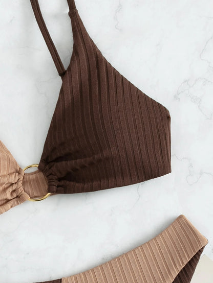 Swim Chiccia Summer Beach Colorblock Ribbed Bikini Set Ring Linked Cami Bra & Bikini Bottom 2 Piece Bathing Suit