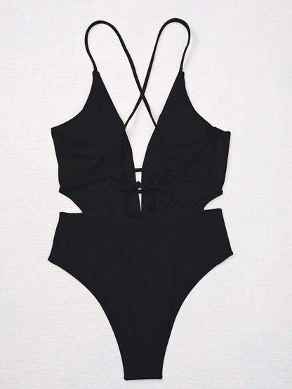 Swim Vcay Summer Beach Plain Plunging One Piece Swimsuit