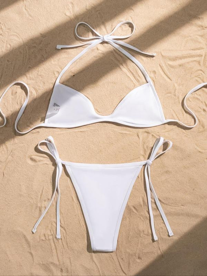 Two-Piece Set Women'S Plain / Colorblock Bikinis for Summer, Halter Tie Back Bikini Top & Tie Side High Cut Bikini Bottom, Ladies Summer Swimwear for Beach Holiday Vacation