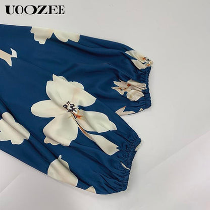 UOOZEE High-End Satin Print Dress for Women'S Fashion, Deep V-Neck, Cinched Waist, Slimming Lantern Sleeves, Temperament, Commuting Mid Length, Hip Hugging Skirt