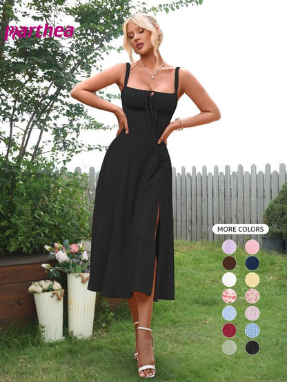 Parthea Women'S Plain Ruched Boning Corset Milkmaid Dress, Lace up Dress, Party Dress, Split Thigh Dress, Tie Front Dress, Elegant Square Neck Midi Dress, Dresses for Women, Frenchy Style Non Bodycon Dress Christmas, Formal Dresses