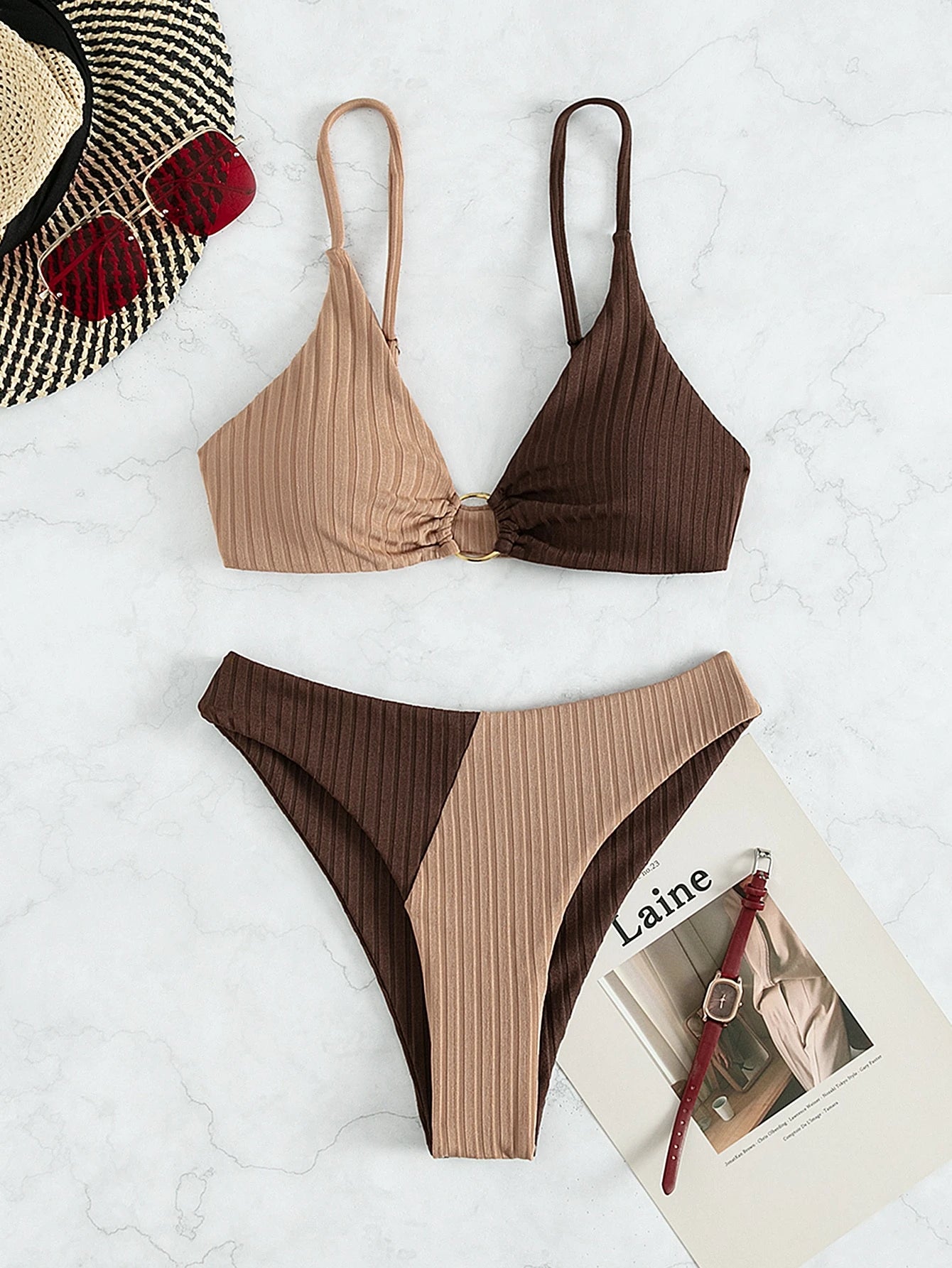 Swim Chiccia Summer Beach Colorblock Ribbed Bikini Set Ring Linked Cami Bra & Bikini Bottom 2 Piece Bathing Suit