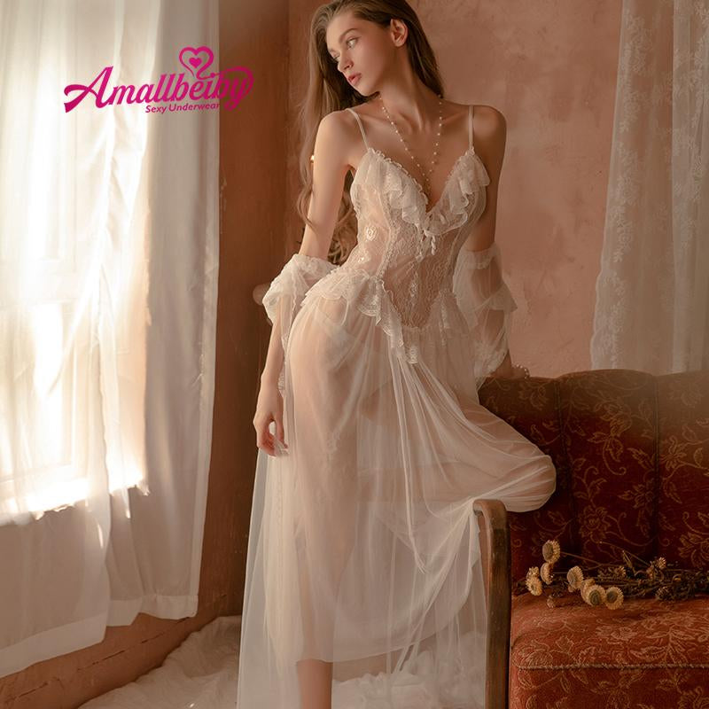 Palace Style Lingerie Set with Robe Mesh Pajamas Sexy Night Dress Sleepwear Set Perspective Nightgown Long Robe Winter New