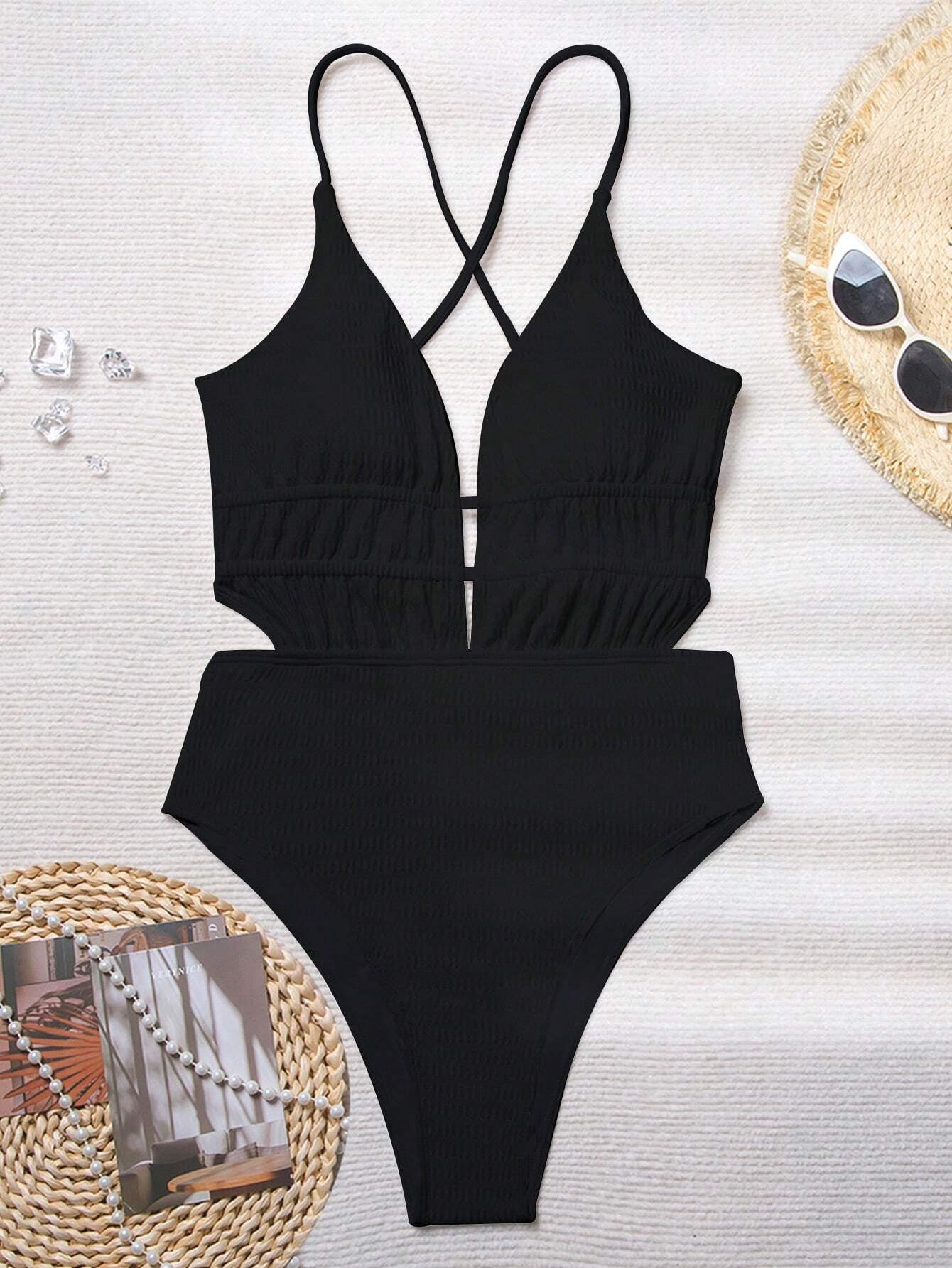 Swim Vcay Summer Beach Plain Plunging One Piece Swimsuit