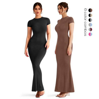 REORIA Women'S Sexy Round-Neck Long Dress Beach Vibes Dresses Women'S Casual Lounge Long Dress Elegant Shortsleeve Basic Crewneck Maxi Dresses Lady Womenswear Machine Washable Light Grey+Burgundy Minimalist Fit