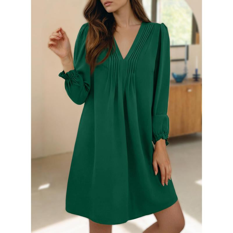 Dokotoo Womens Casual Dress A-Line Ruffle Sleeve V Neck Midi Dress 2025 Fashion Pleated Flowy Sundress Loose Shirt Dresses