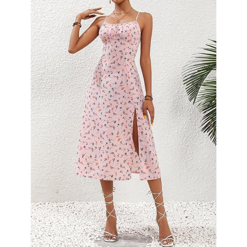 Edgy Floral Print Split Dress, Elegant Spaghetti Strap Midi Dress, Women'S Clothing Casual Fabric
