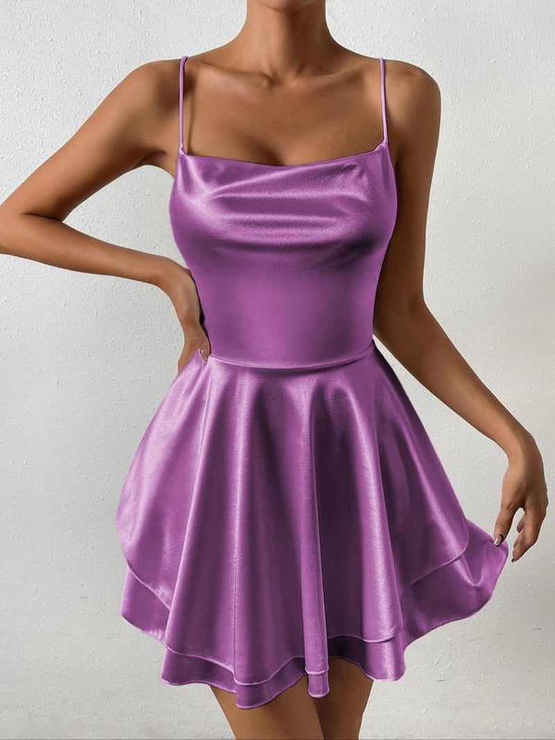 Women'S Plain Lace up Backless Tiered Layer Satin Cami Dress, Summer Clothes Women, Elegant Cowl Neck Sleeveless a Line Short Dress for Party Holiday Wedding Guest, Dresses for Women