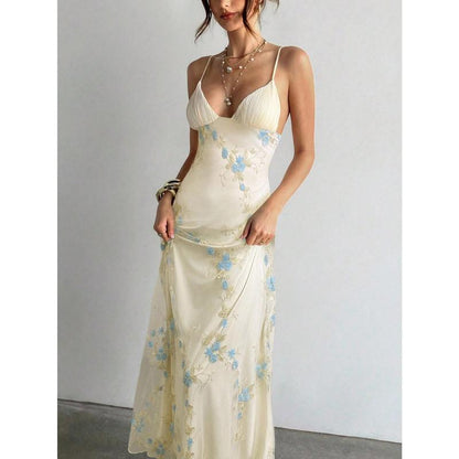 Aloruh Women'S Wedding Season Sexy Elegant Deep V Ruched Bust Embroidered Fitted Waist Romantic Embroidered Maxi Dress Honeymoon Outfits Woman Women Wedding Guest Dress Island Vacation Outfits Look Summer Dresses for Women Wedding Guest Dress Women Sun