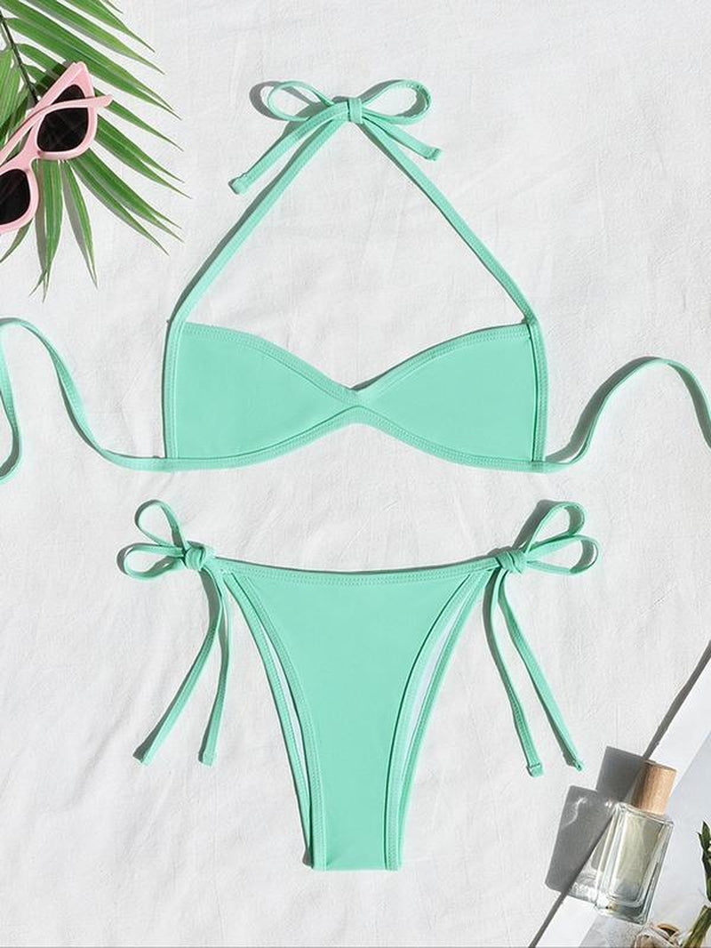 Two-Piece Set Women'S Plain / Colorblock Bikinis for Summer, Halter Tie Back Bikini Top & Tie Side High Cut Bikini Bottom, Ladies Summer Swimwear for Beach Holiday Vacation