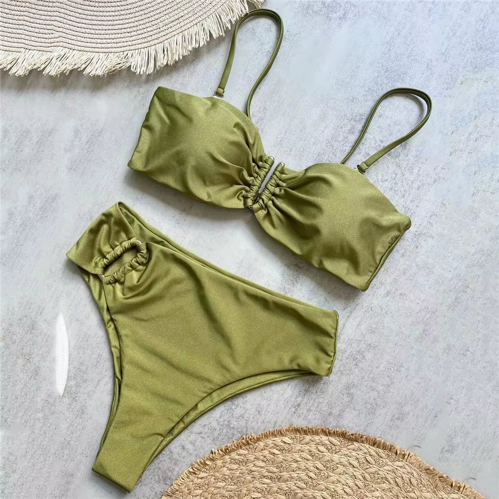 Brown Shiny U Shaped Bikini High Waist Sexy Swimsuit Women 2025 Wrinkled Solid Swimwears Bathing Suit Bandeau Bikinis Sets Mujer
