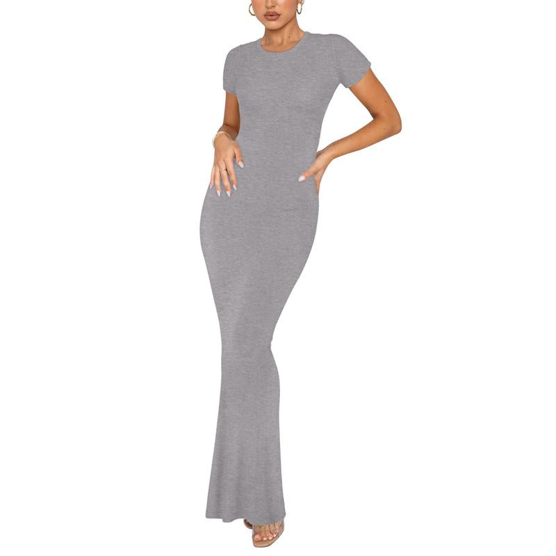 REORIA Women'S Sexy Round-Neck Long Dress Beach Vibes Dresses Women'S Casual Lounge Long Dress Elegant Shortsleeve Basic Crewneck Maxi Dresses Lady Womenswear Machine Washable Light Grey+Burgundy Minimalist Fit